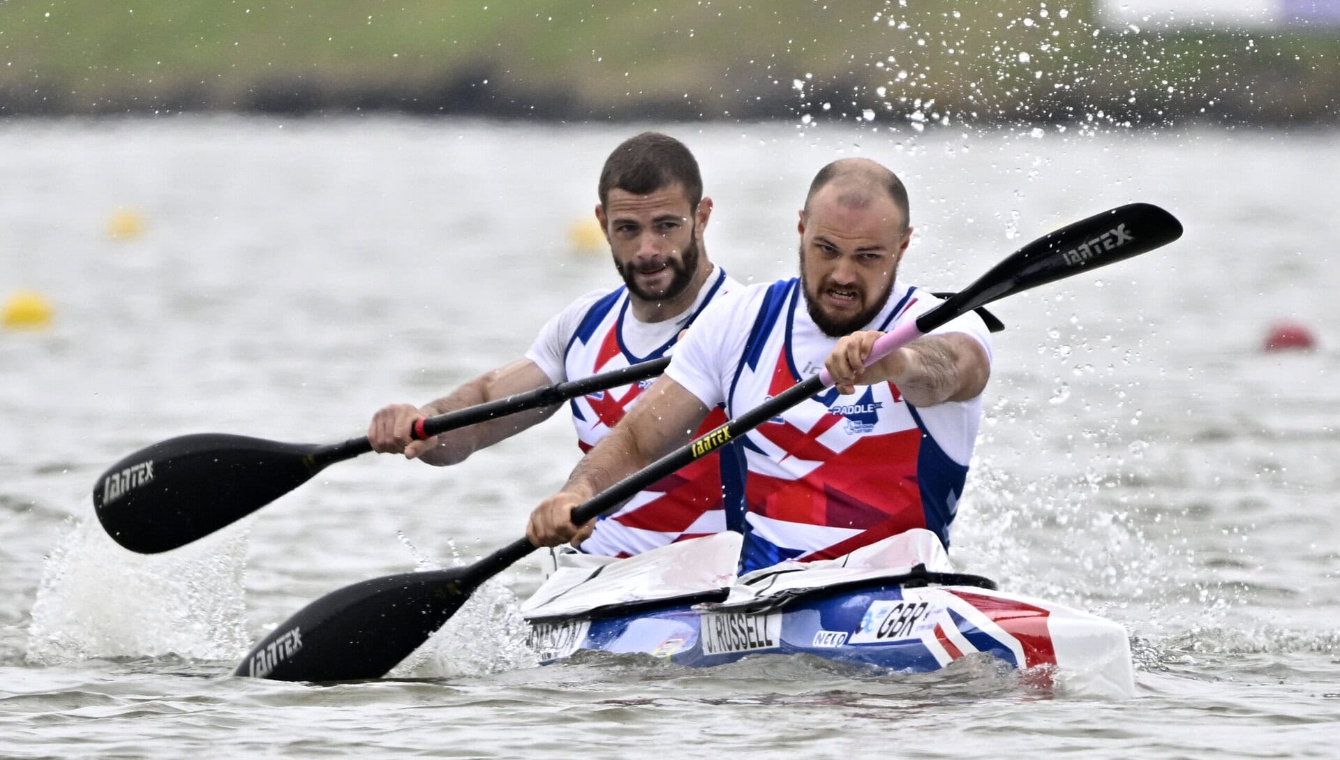 James Russell (GBR) and Trevor Thomson (GBR) during the European Olympic Qualifiers for Canoe Sprint in Szeged, Hungary..